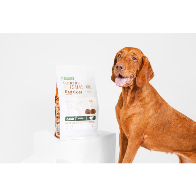 dry grain free food for adult dogs of all breeds with red coat with lamb